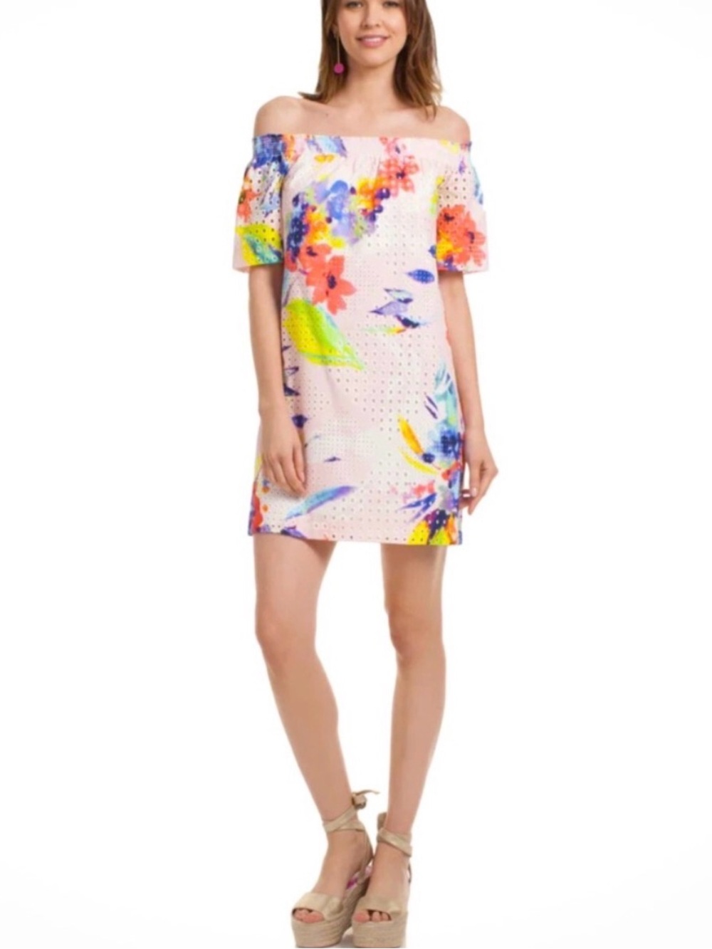 🌸TRINA TURK Sevilla Off-Shoulder Floral Eyelet Shift Dress NWT🌸